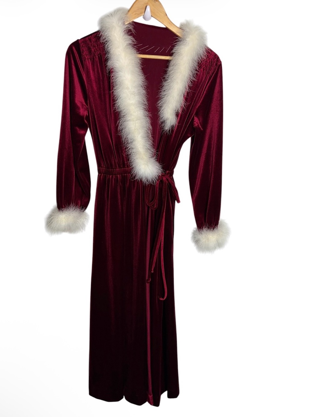 Vintage 80s/90s Miss Elaine red velour marabou fur trim robe
